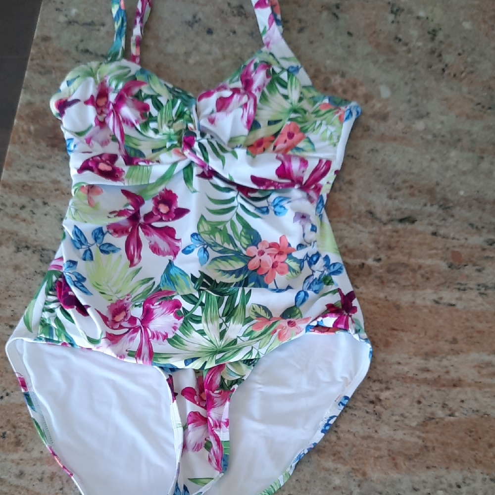 Tommy Bahama White Swimsuit with Pink and Blue Floral Trim